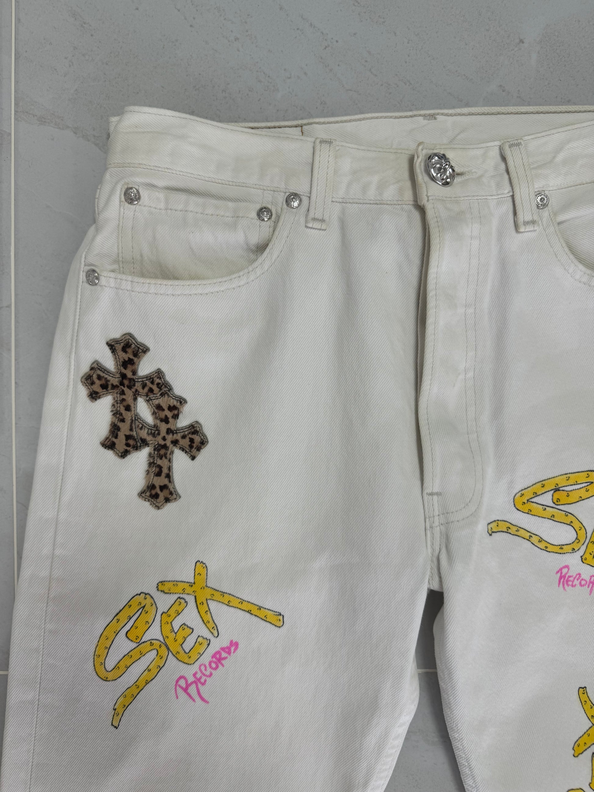 Chrome Hearts 1of1 Cheetah Pony Hair Cross Denim, Handpainted by Mattyboy