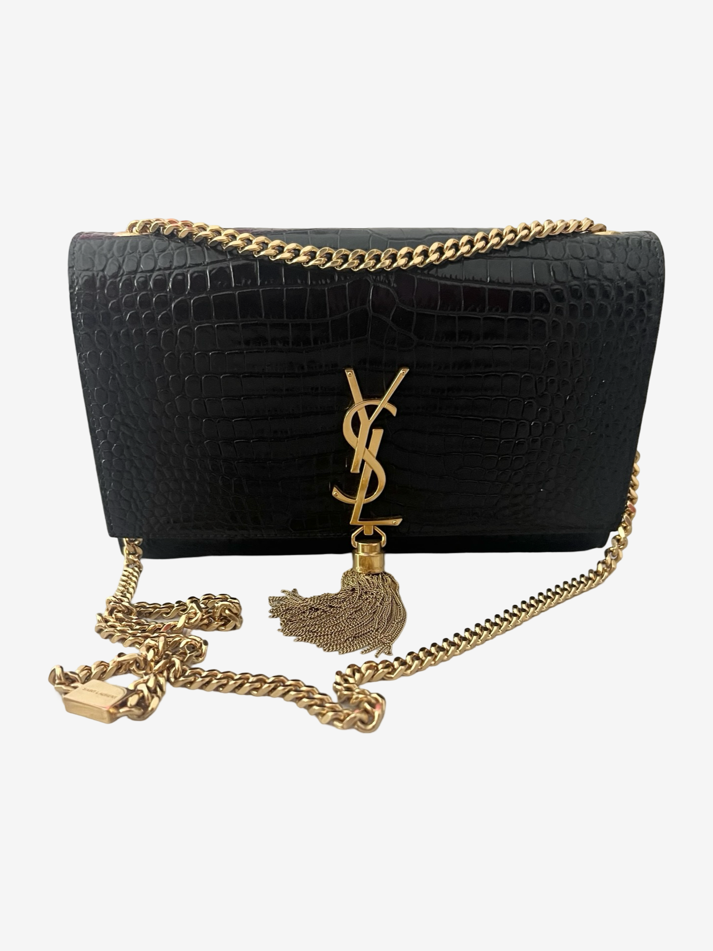 Saint Laurent Paris Black Croc Embossed Leather Medium Kate Tassel Shoulder Bag 