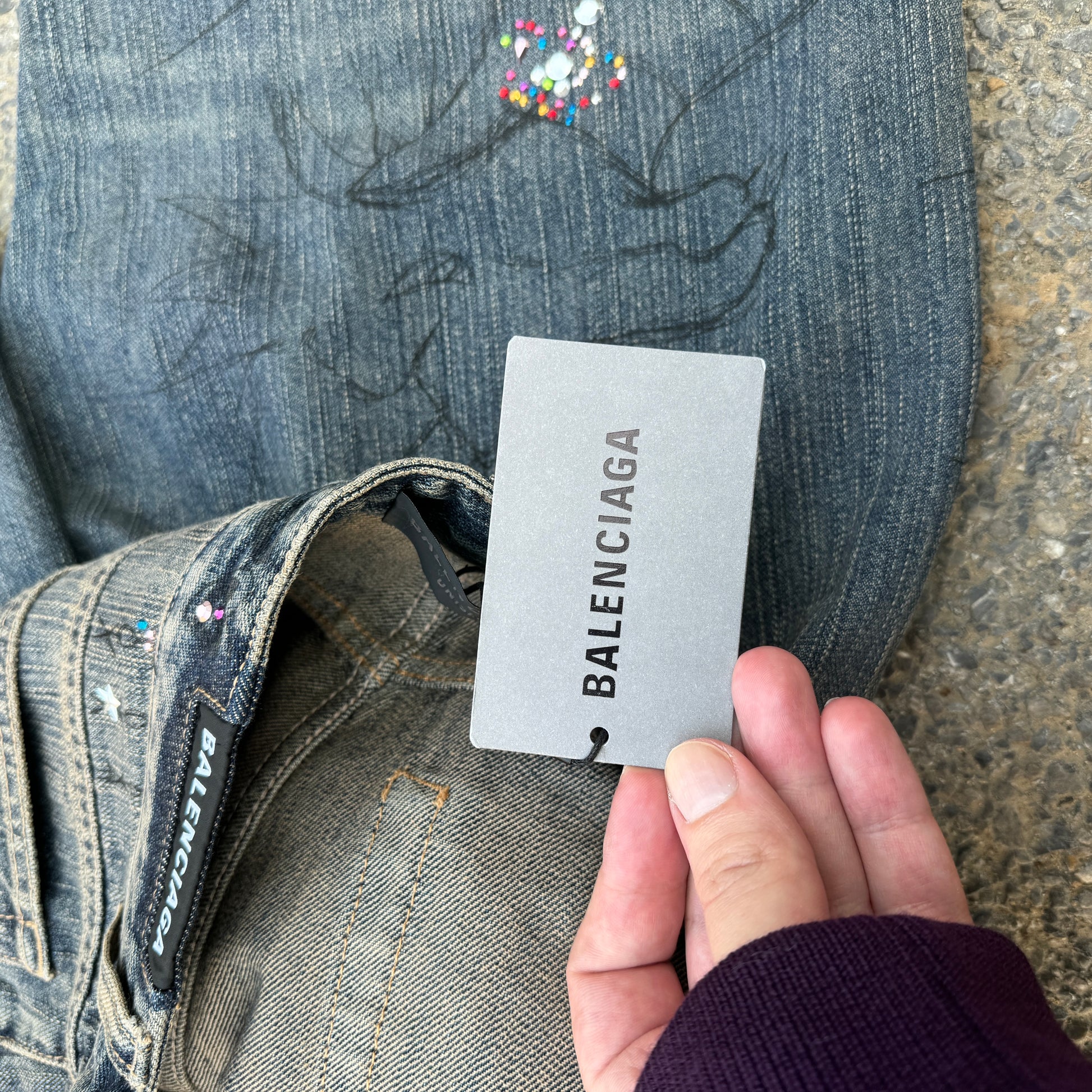 Balenciaga SS23 Dark Distressed Rhinestone Denim