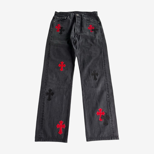 Chrome Hearts Levis 501 Denim with Pantent Crosses Black Red Patches Sz.31