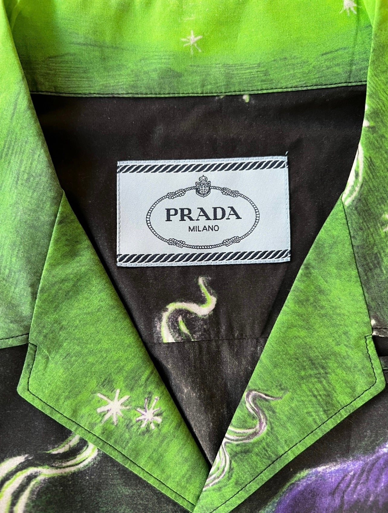 Prada AW18 Impossible True Love Green Bowling Shirt necktag