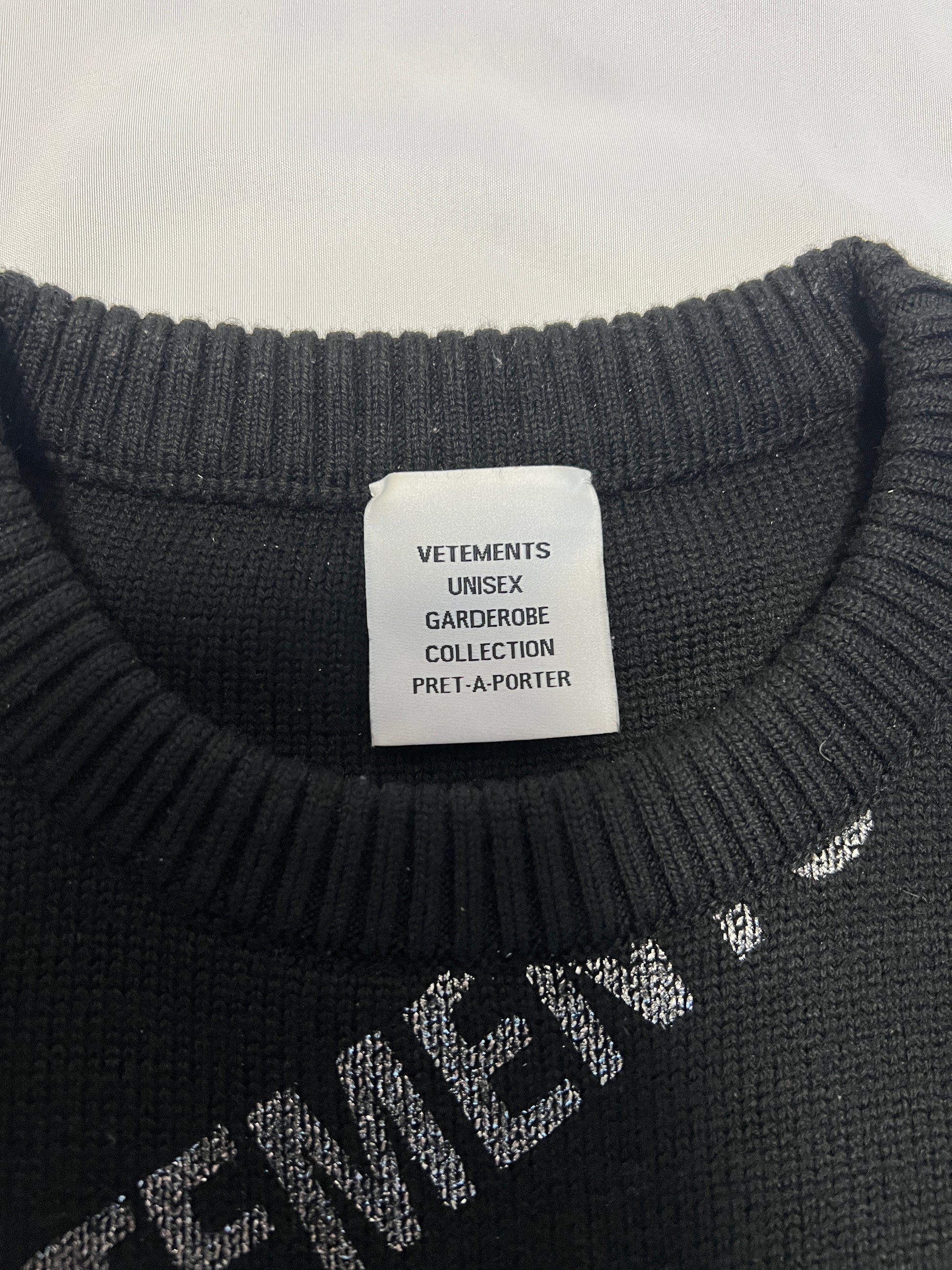 Vetements Black Silver Allover Logo Knit necktag