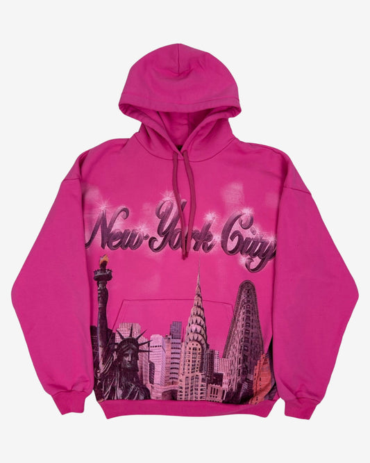 pink balenciaga hoodie with new york city lettering