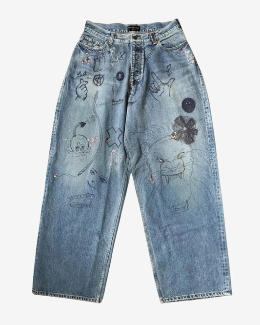  Balenciaga FW22 Rhinestone Scribble Baggy Denim